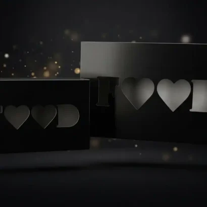 Black catering boxes with "FOOD" heart cut-out window