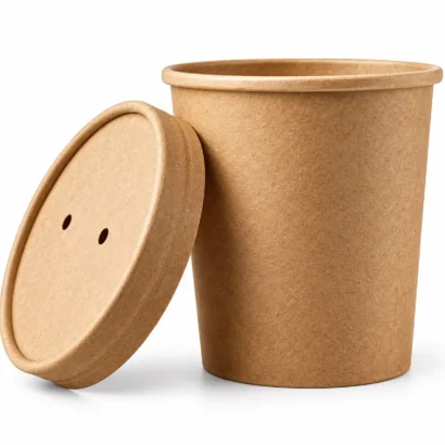 Kraft soup cup with kraft lid on a black background