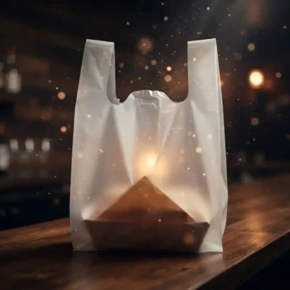 White plastic carrier bag with handles on a table