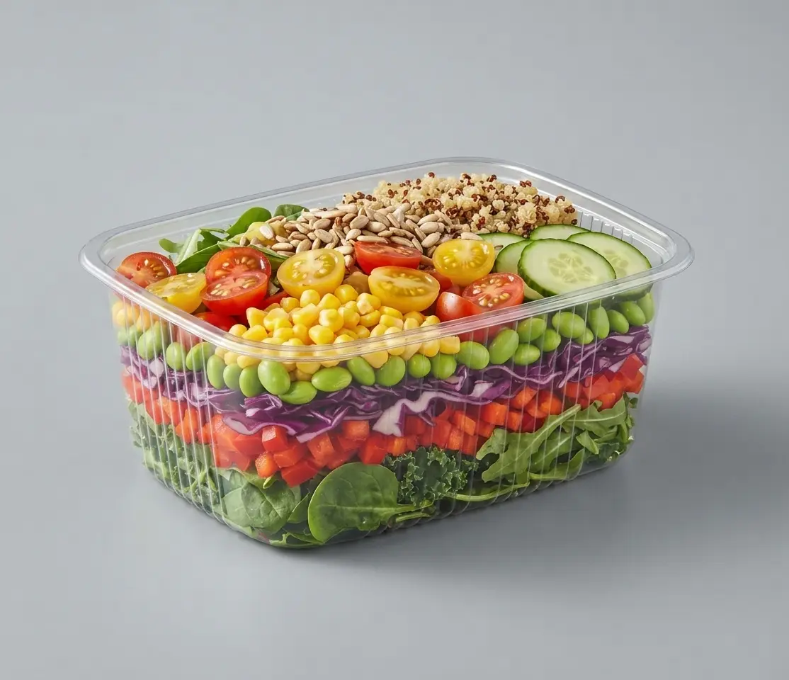 Transparent rectangular tray filled with salad