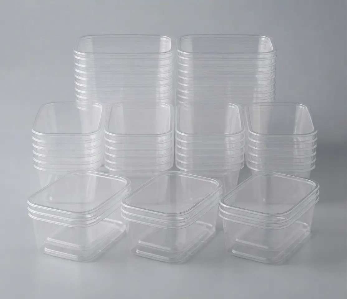 Stack of transparent rectangular butcher's trays
